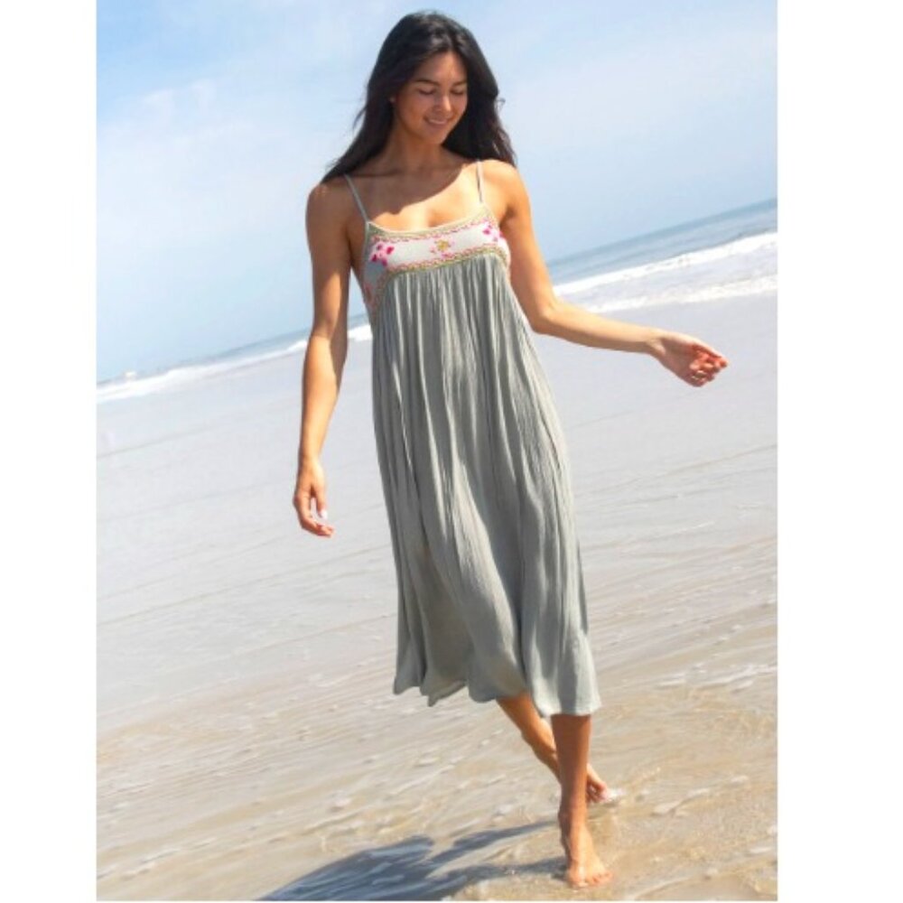 NATURAL LIFE Grey Midi Dress with Pink Floral Trim